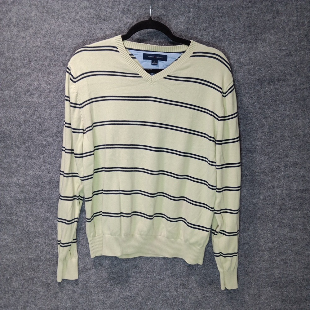 Tommy Hilfiger V Neck Sweater Striped Logo Embroidery Distressed Mens Size M